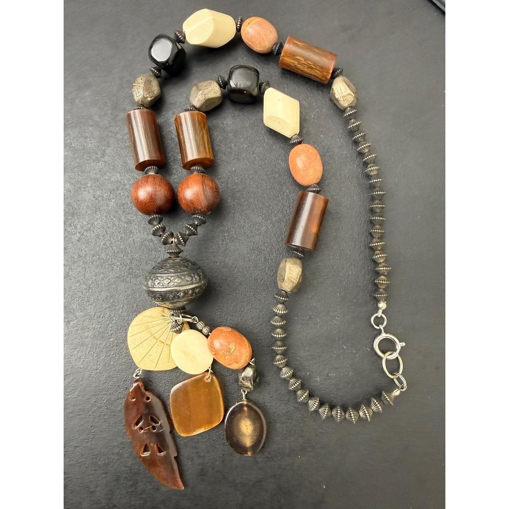 Mixed Metal Wood Resin Necklace Multi Stone Cluster Dangle Boho Tribal Statement